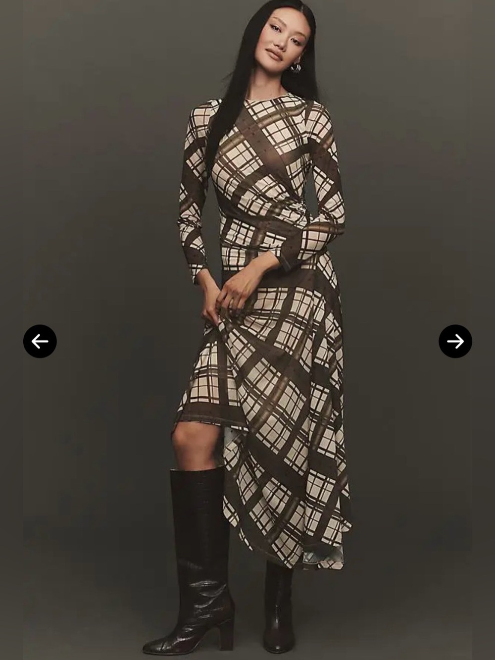 Anthropologie Long-sleeve Ruched Mesh Midi Dress in brown plaid size XS.
